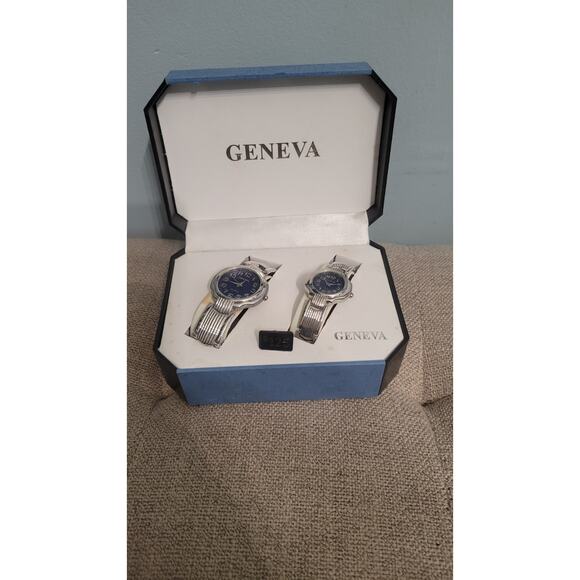 Geneva His & Hers Silver Tone Watch Set Blue Face NIB Vintage Couple Gift Boxed - Picture 1 of 7
